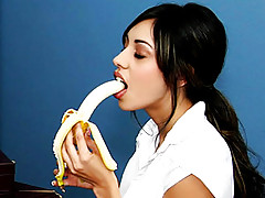 sexy brunette girl seduces her teacher by eating banana before getting fucked